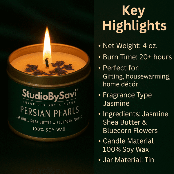 Jasmine- Persian Pearls - Handmade Soy Wax Scented Candle | Home Decor | Relaxation | Premium Gifting |  20 Hour Long Burning - Image 3