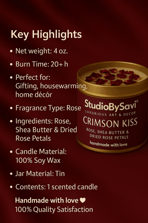 Rose - Crimson Kiss - Handmade Soy Wax Scented Candle | Home Decor | Relaxation | Premium Gifting |  20 Hour Long Burning - Image 4