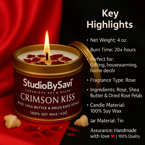 Rose - Crimson Kiss - Handmade Soy Wax Scented Candle | Home Decor | Relaxation | Premium Gifting |  20 Hour Long Burning - Image 2